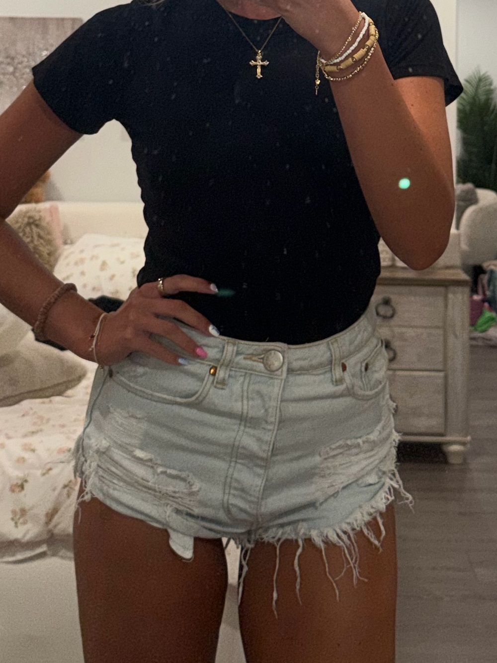 High-Rise Light Wash Distressed Jean Shorts